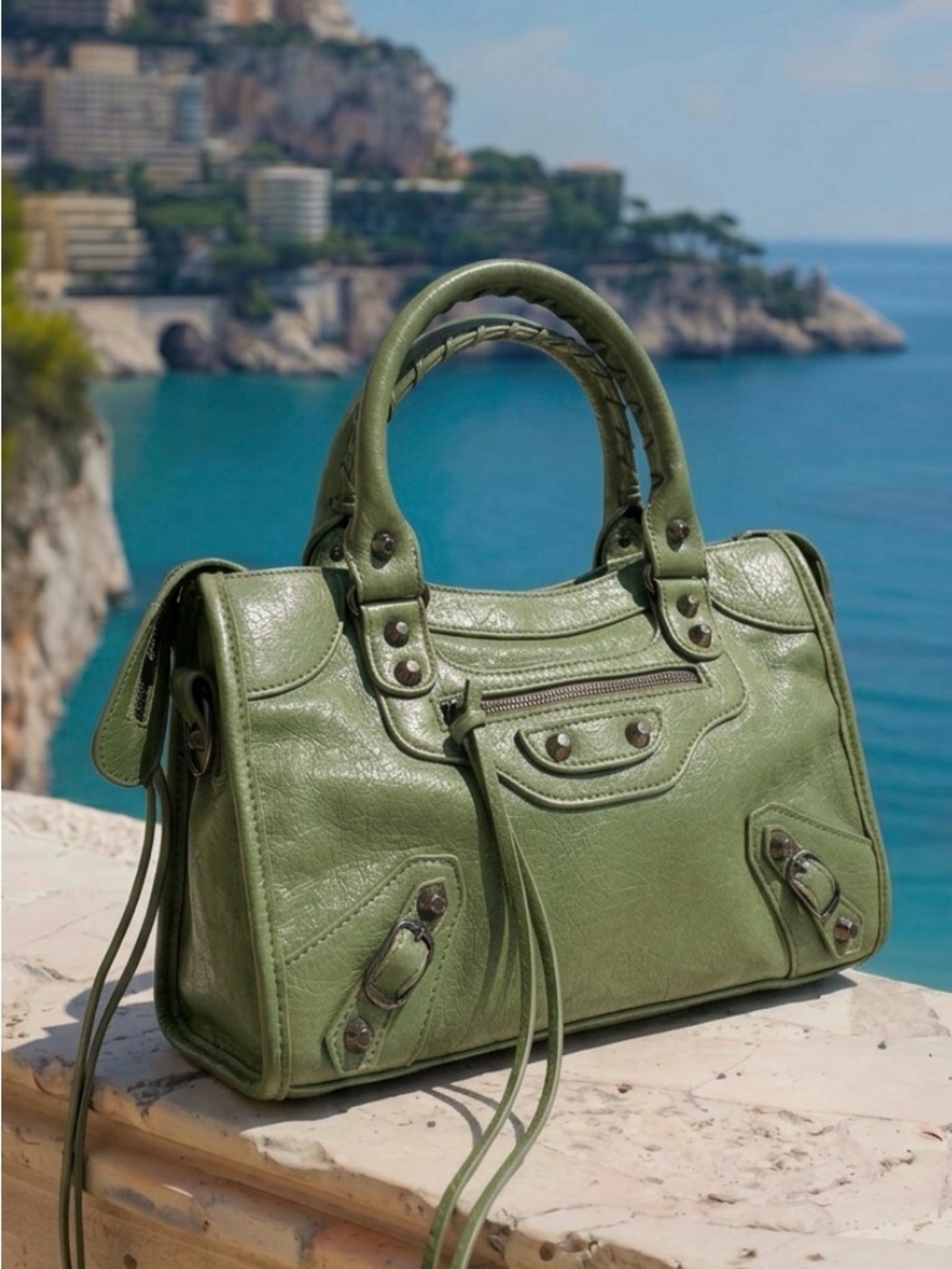 Olive Green PU Leather City Bag Satchel/Cross Body Handbag - Women